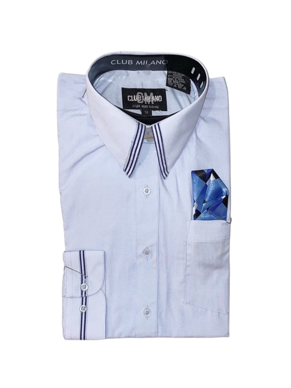 CLUB MILANO Boy's Blue Long Sleeve Button Down Dress Shirt Size 14 Tie included